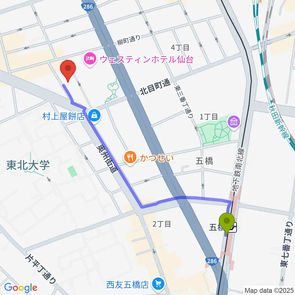 五橋駅から仙台BARTAKEへのルートマップ地図