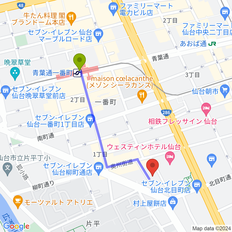 仙台BARTAKEの最寄駅青葉通一番町駅からの徒歩ルート（約8分）地図