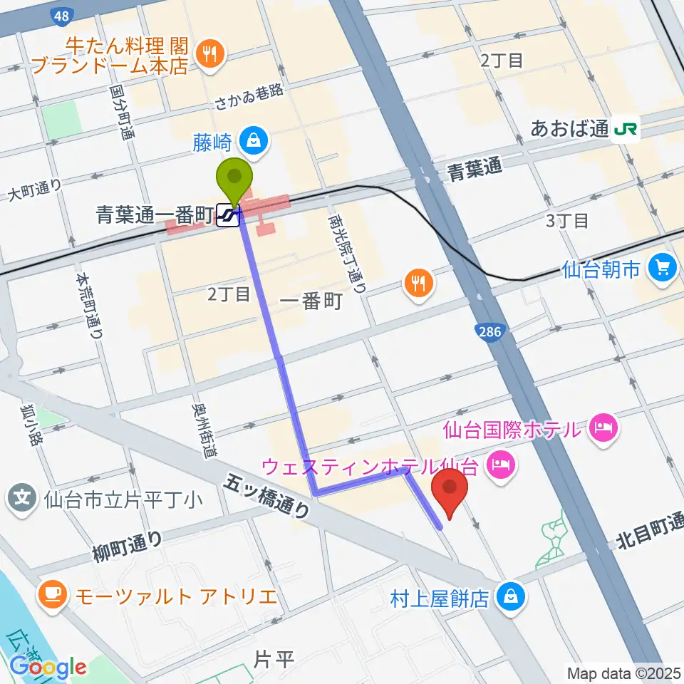 仙台BARTAKEの最寄駅青葉通一番町駅からの徒歩ルート（約8分）地図