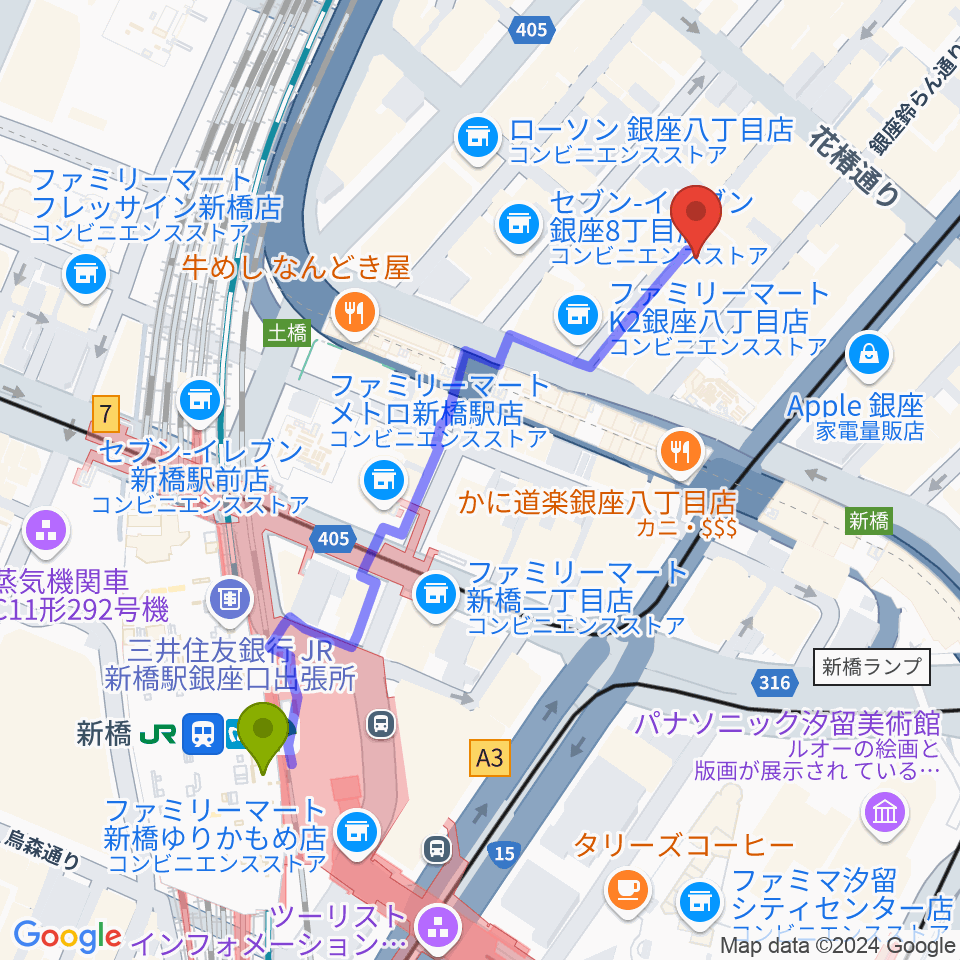 月光荘サロン 月のはなれの最寄駅新橋駅からの徒歩ルート（約5分）地図