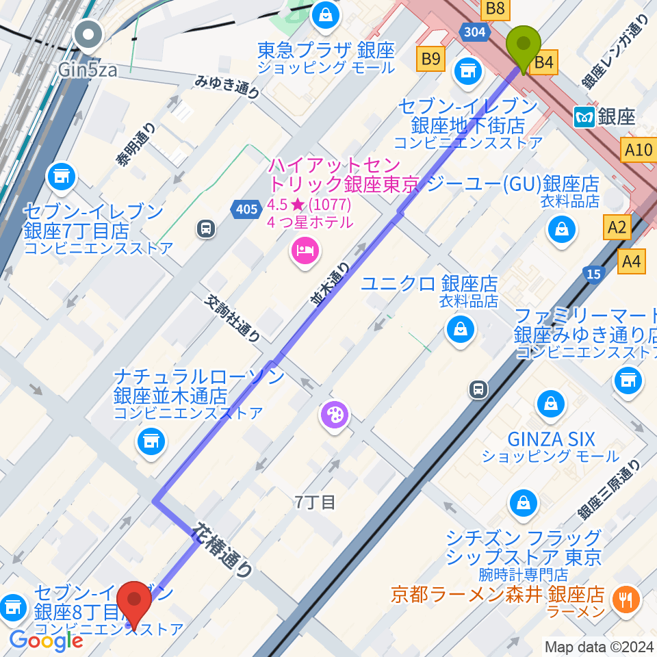 銀座駅から月光荘サロン 月のはなれへのルートマップ地図