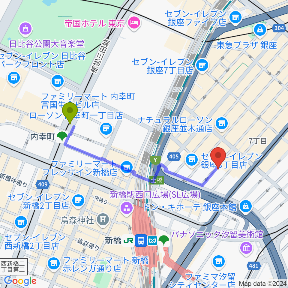 内幸町駅から月光荘サロン 月のはなれへのルートマップ地図