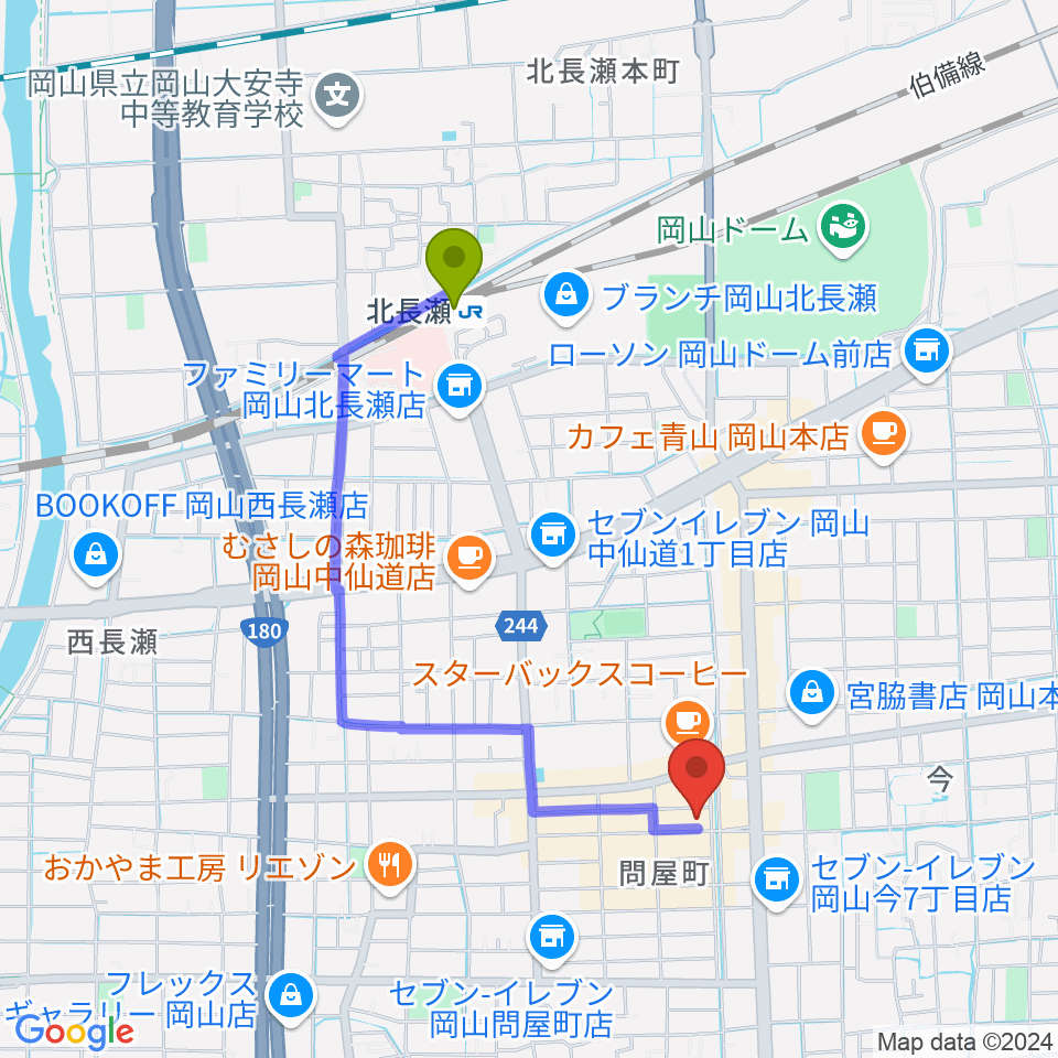 グレースハープ岡山店の最寄駅北長瀬駅からの徒歩ルート（約17分）地図