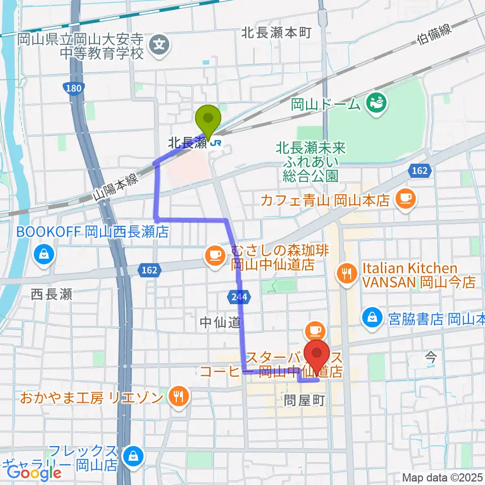 グレースハープ岡山店の最寄駅北長瀬駅からの徒歩ルート（約17分）地図