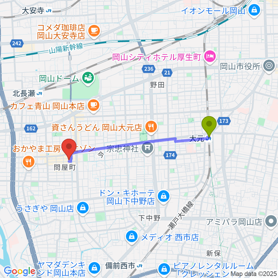 大元駅からグレースハープ岡山店へのルートマップ地図