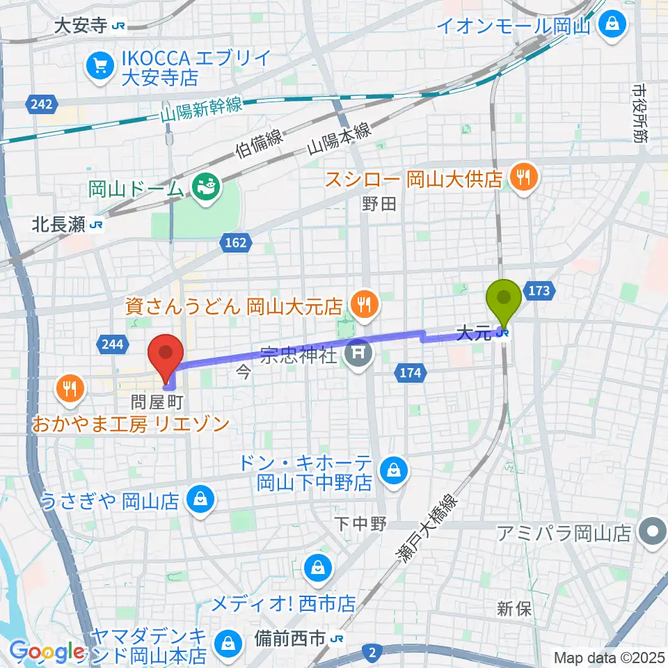 大元駅からグレースハープ岡山店へのルートマップ地図