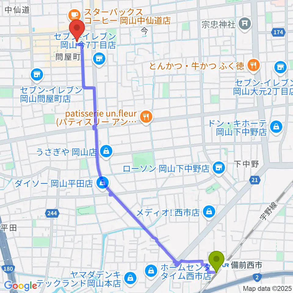備前西市駅からグレースハープ岡山店へのルートマップ地図