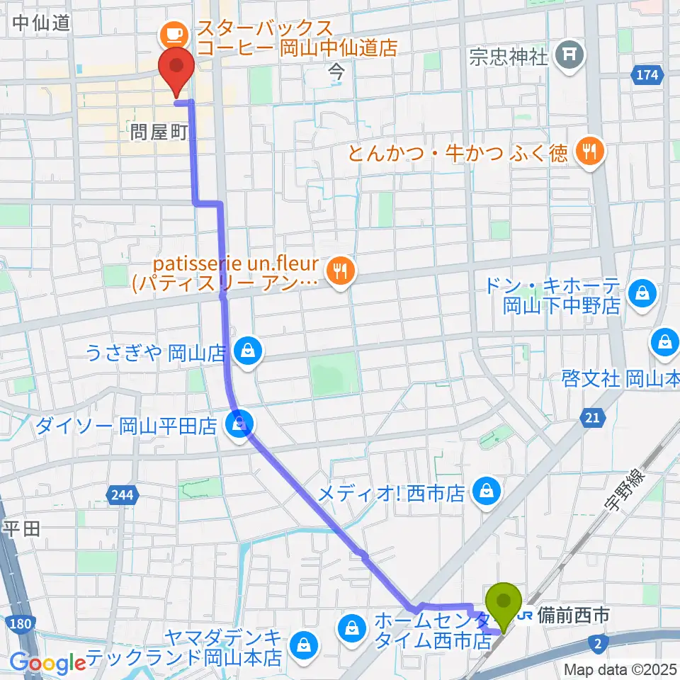 備前西市駅からグレースハープ岡山店へのルートマップ地図