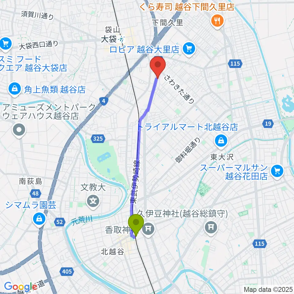 北越谷駅からハイヴ越谷ピアノ教室へのルートマップ地図
