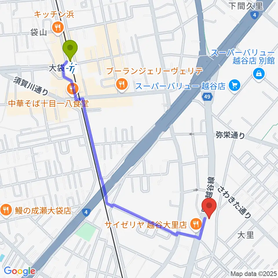 ハイヴ越谷ピアノ教室の最寄駅大袋駅からの徒歩ルート（約12分）地図