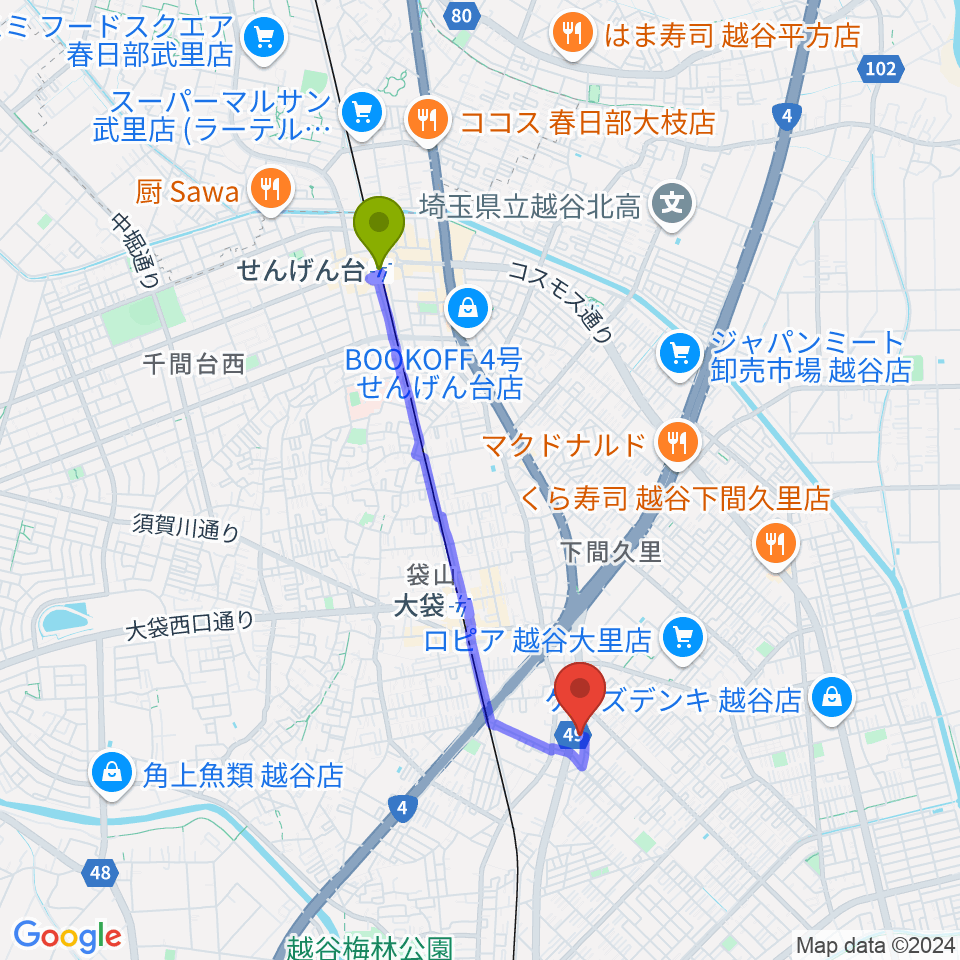 せんげん台駅からハイヴ越谷ピアノ教室へのルートマップ地図