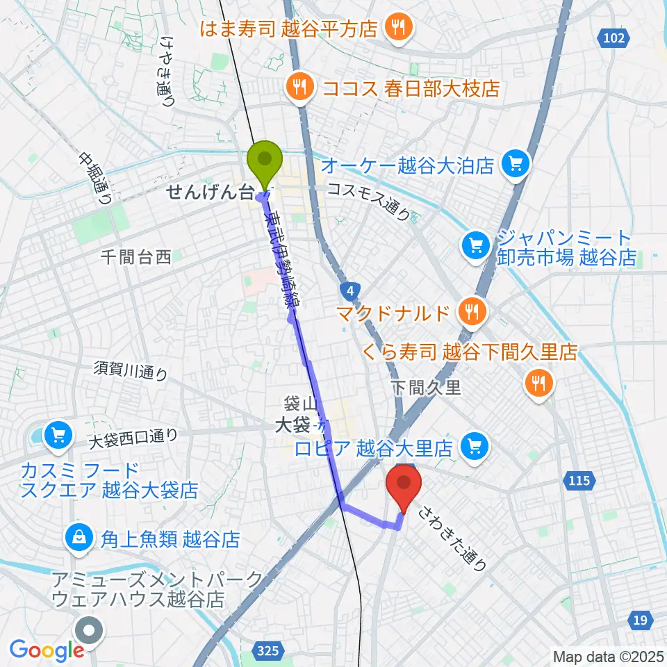 せんげん台駅からハイヴ越谷ピアノ教室へのルートマップ地図
