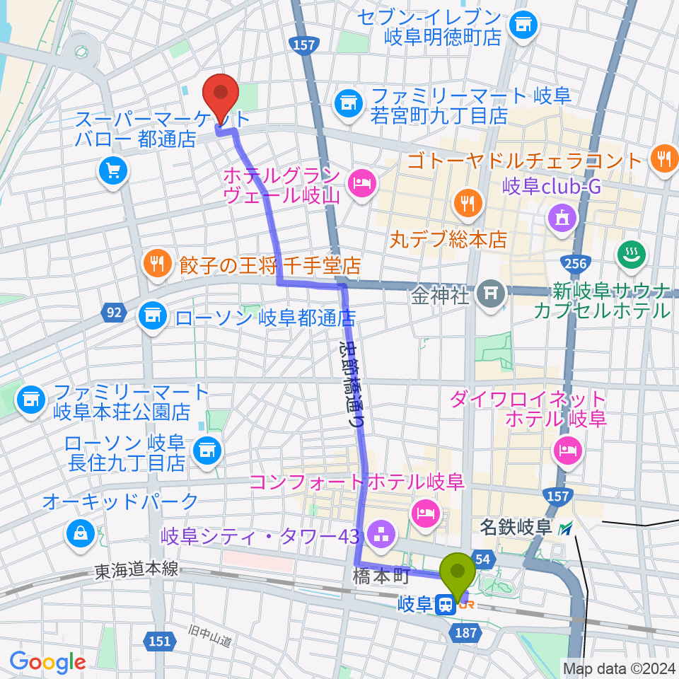 岐阜キングビスケットの最寄駅岐阜駅からの徒歩ルート（約24分）地図