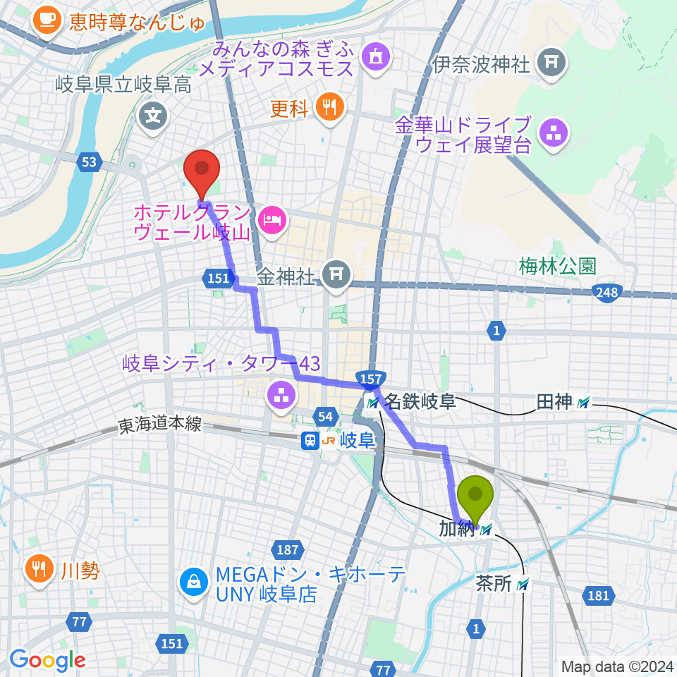 加納駅から岐阜キングビスケットへのルートマップ地図