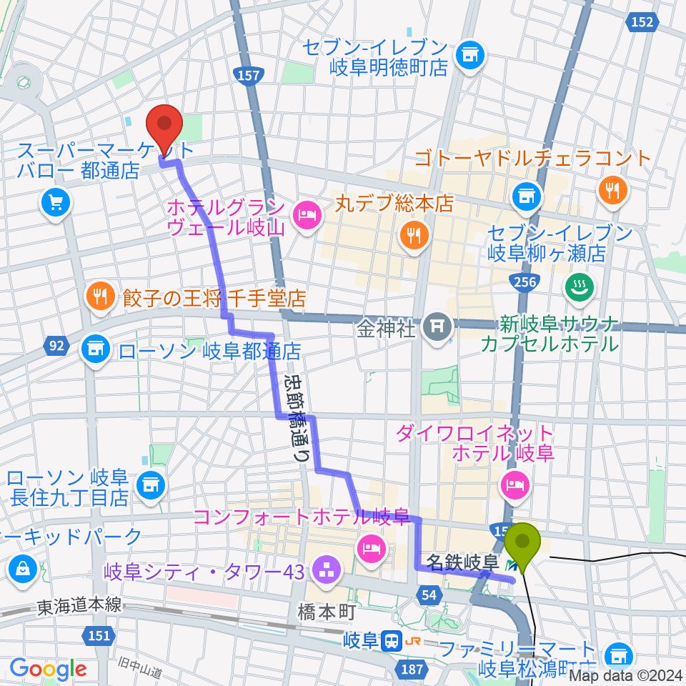 名鉄岐阜駅から岐阜キングビスケットへのルートマップ地図