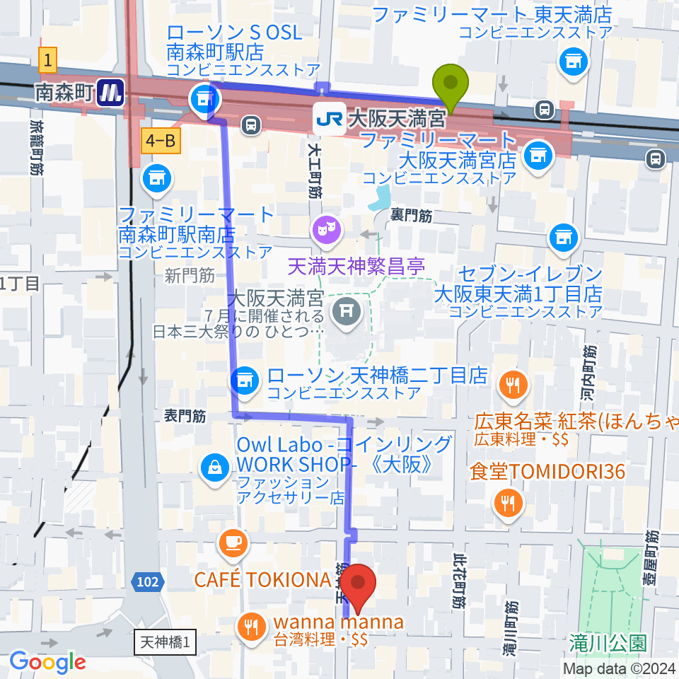 大阪天満宮 音凪の最寄駅大阪天満宮駅からの徒歩ルート（約6分）地図