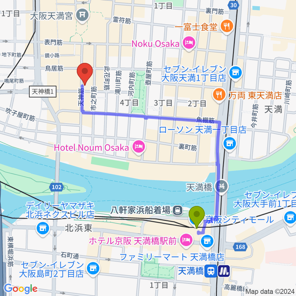 天満橋駅から大阪天満宮 音凪へのルートマップ地図