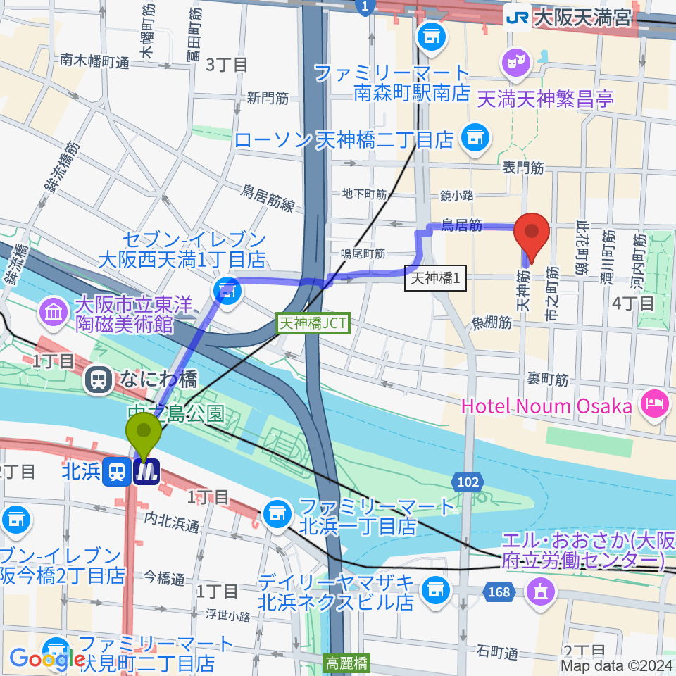 北浜駅から大阪天満宮 音凪へのルートマップ地図