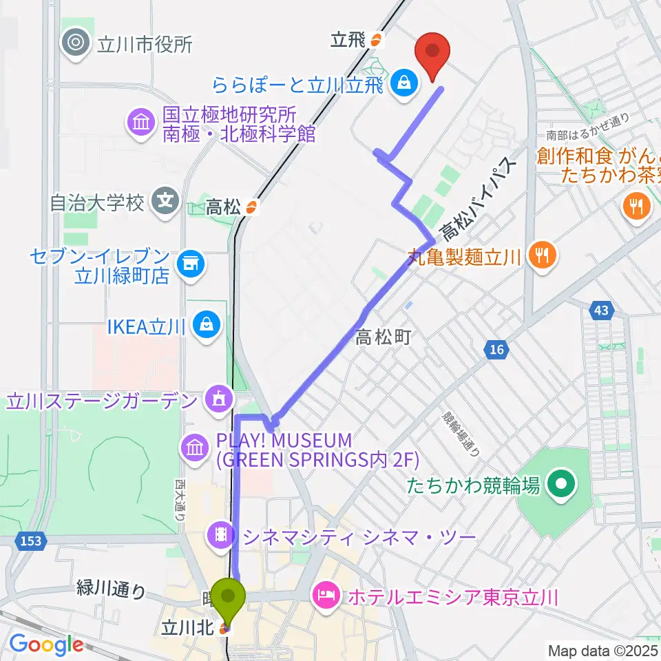 立川北駅から宮地楽器ららぽーと立川立飛店へのルートマップ地図
