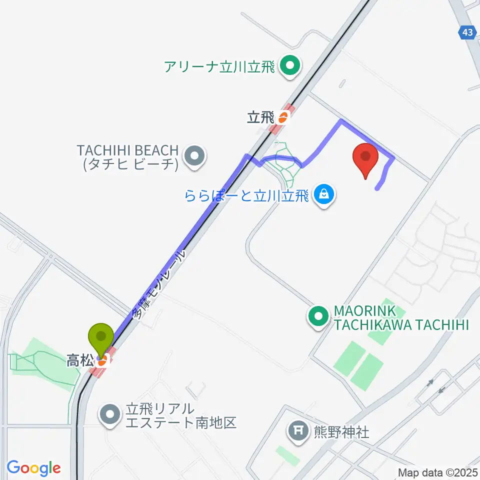 高松駅から宮地楽器ららぽーと立川立飛店へのルートマップ地図