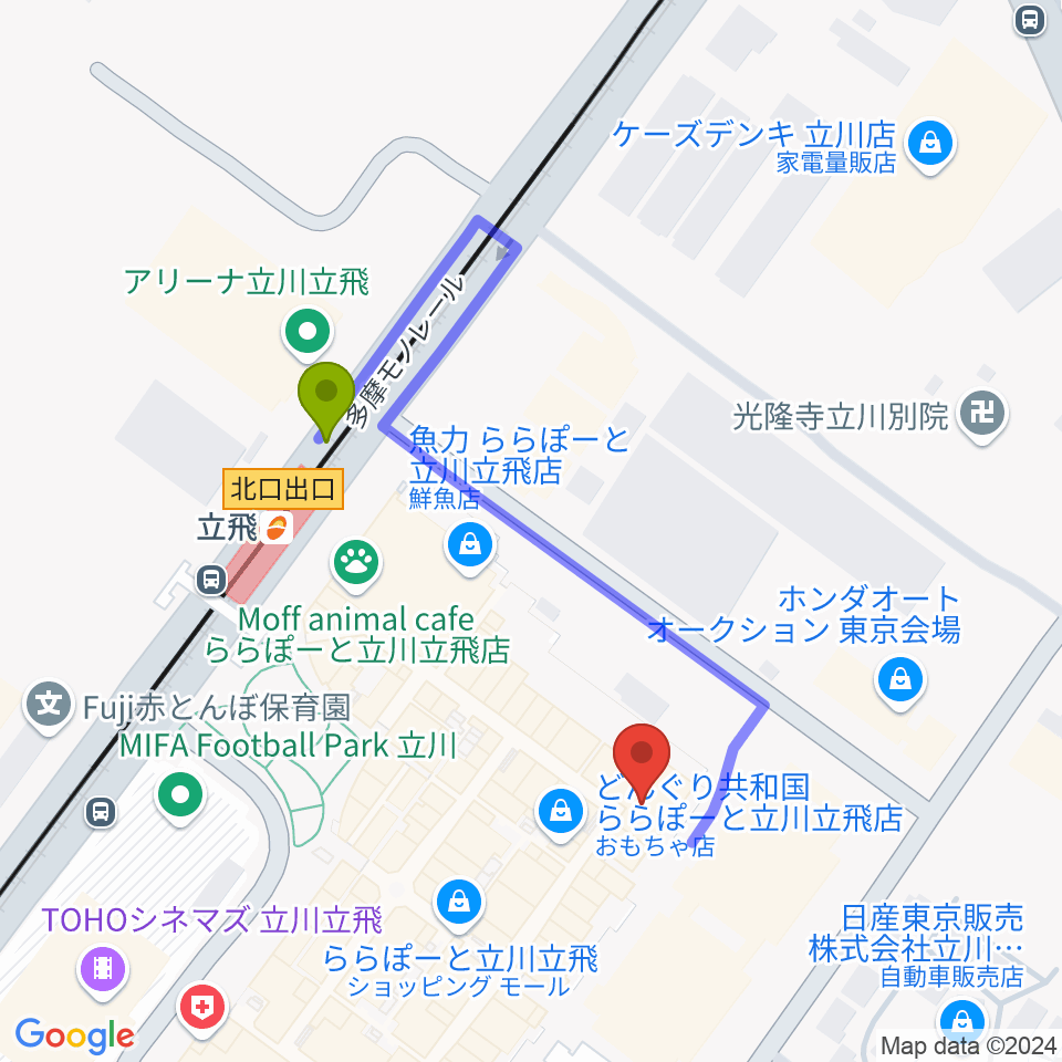 宮地楽器ららぽーと立川立飛店の最寄駅立飛駅からの徒歩ルート（約4分）地図