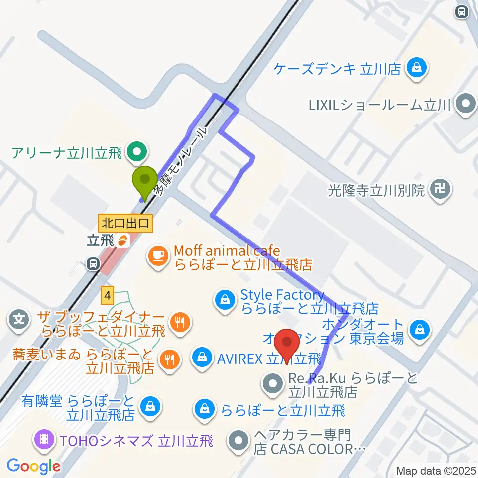 宮地楽器ららぽーと立川立飛店の最寄駅立飛駅からの徒歩ルート（約4分）地図