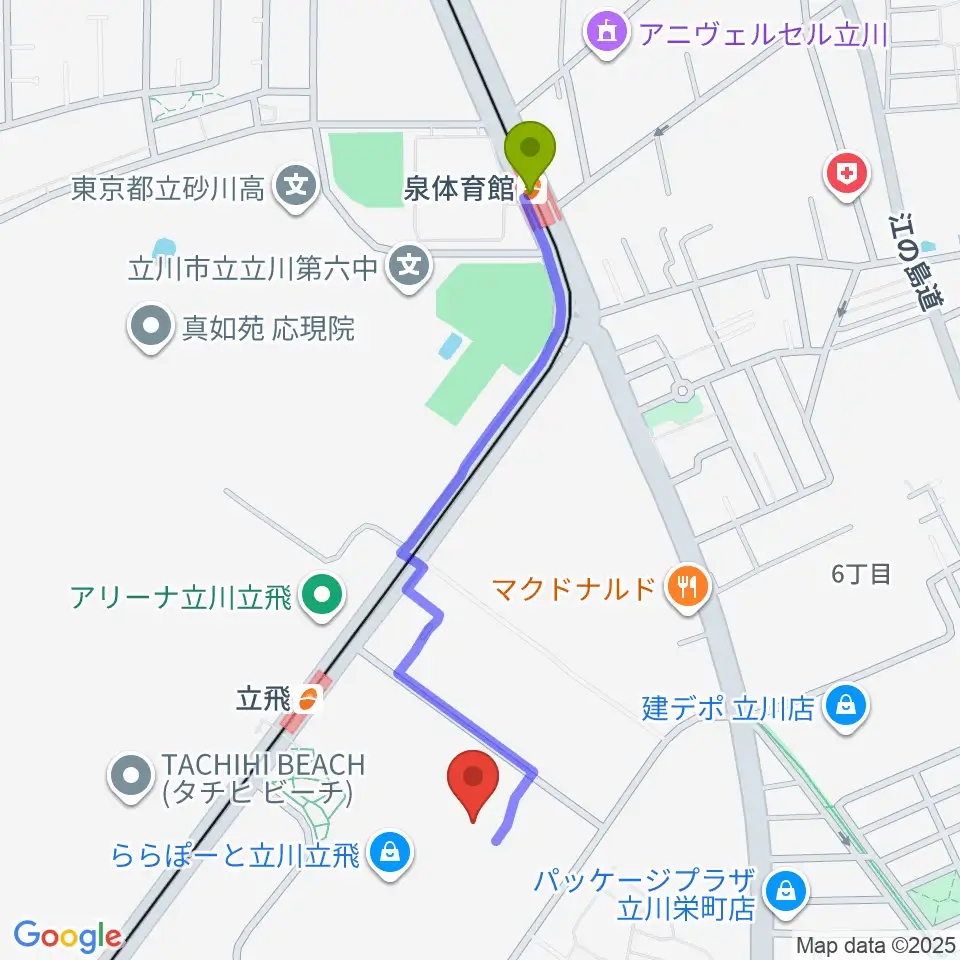 泉体育館駅から宮地楽器ららぽーと立川立飛店へのルートマップ地図