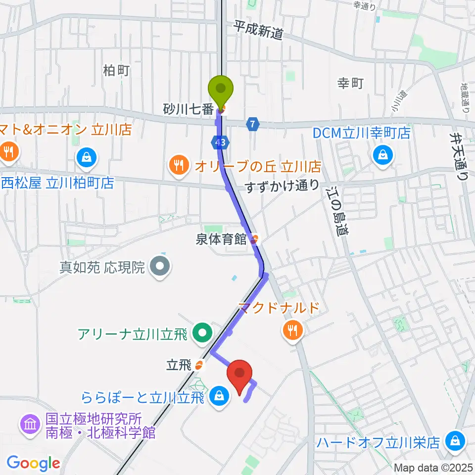 砂川七番駅から宮地楽器ららぽーと立川立飛店へのルートマップ地図