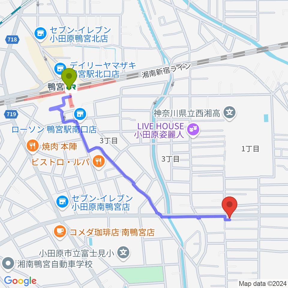 Kigoshi Custom Guitarsの最寄駅鴨宮駅からの徒歩ルート（約11分）地図