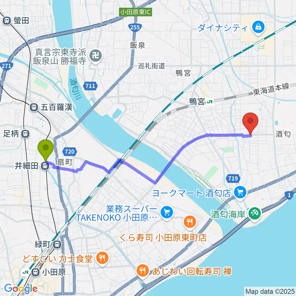 井細田駅からKigoshi Custom Guitarsへのルートマップ地図