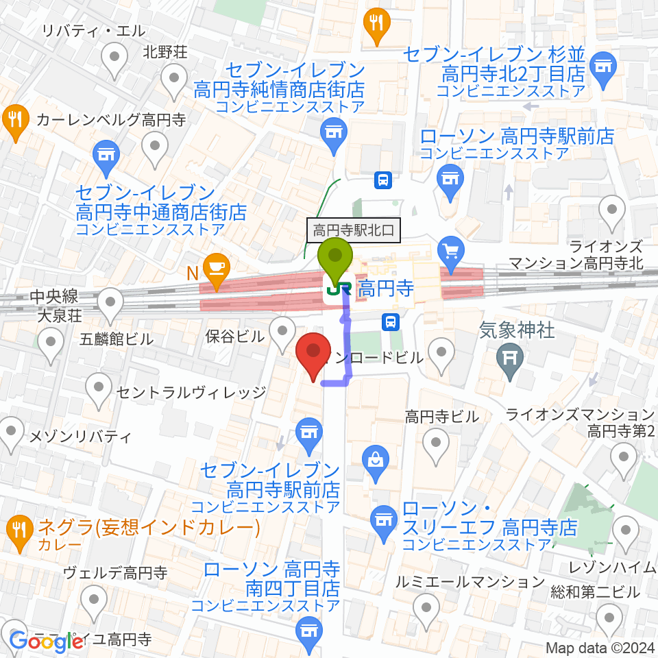 高円寺AG22の最寄駅高円寺駅からの徒歩ルート（約1分）地図