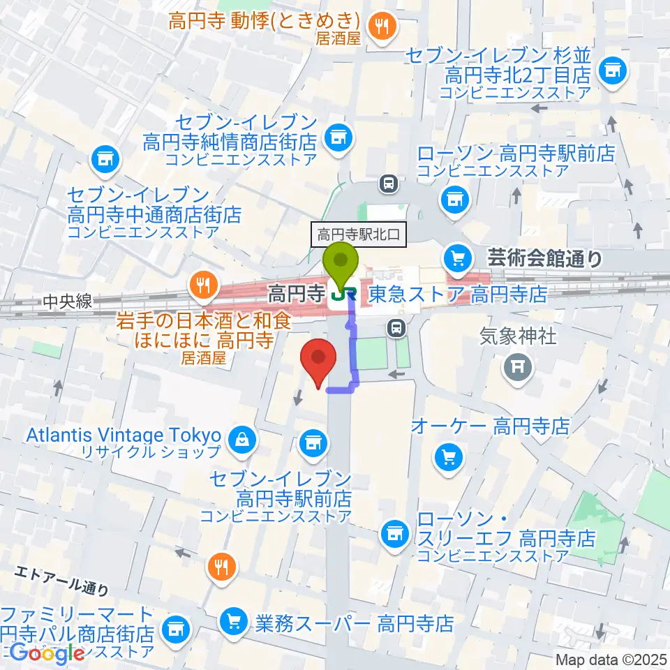 高円寺AG22の最寄駅高円寺駅からの徒歩ルート（約1分）地図