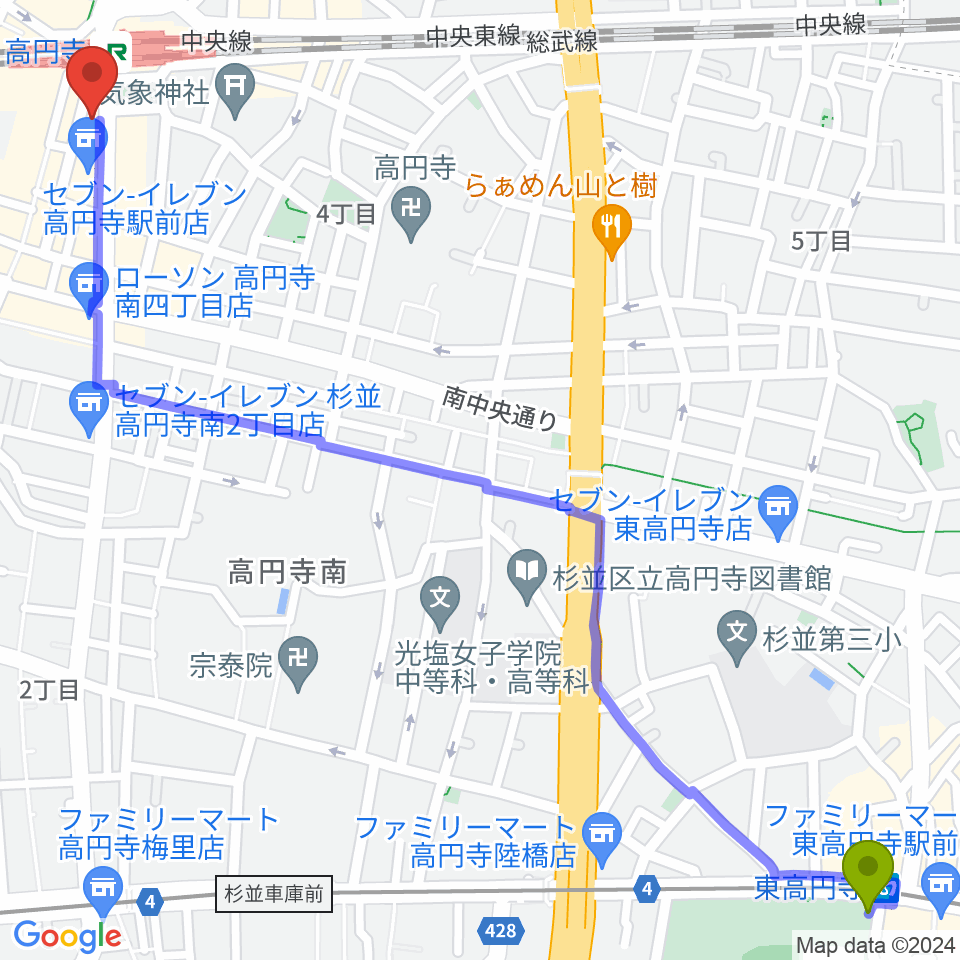 東高円寺駅から高円寺AG22へのルートマップ地図