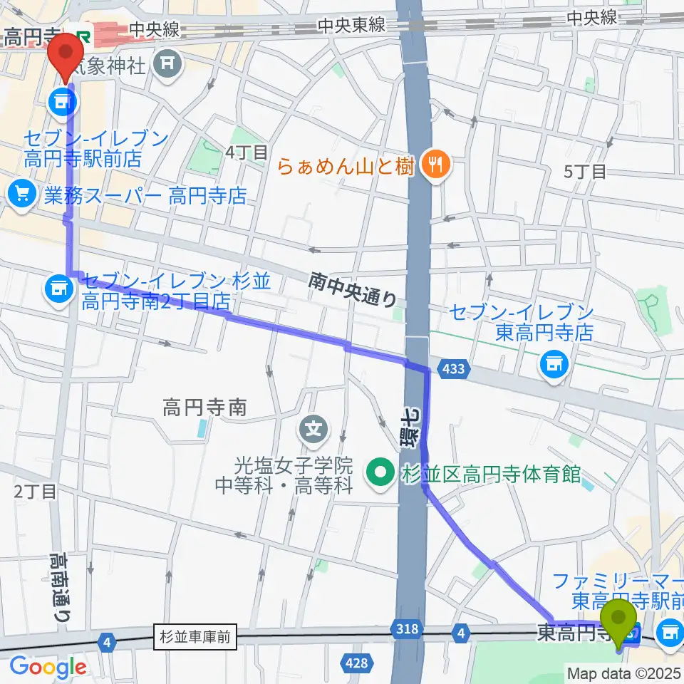 東高円寺駅から高円寺AG22へのルートマップ地図