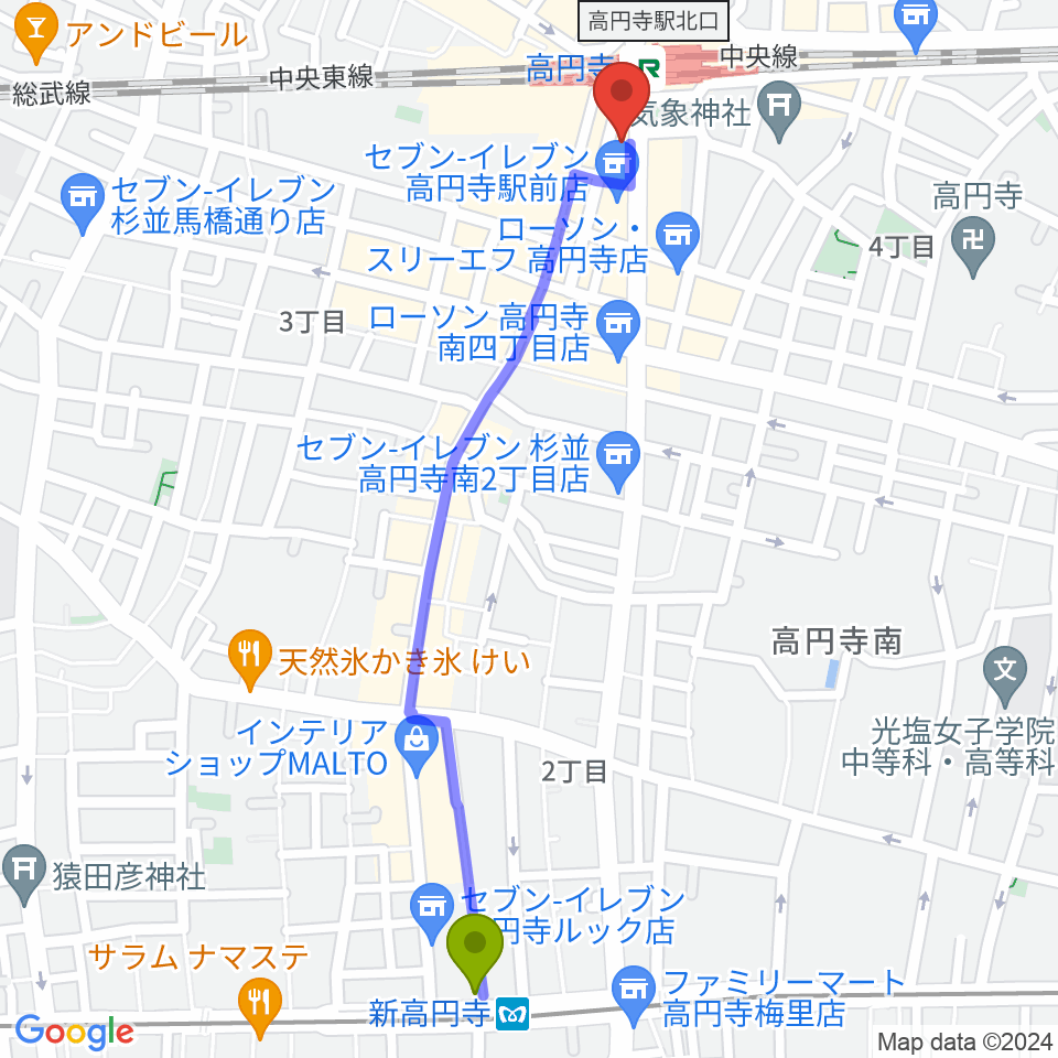 新高円寺駅から高円寺AG22へのルートマップ地図