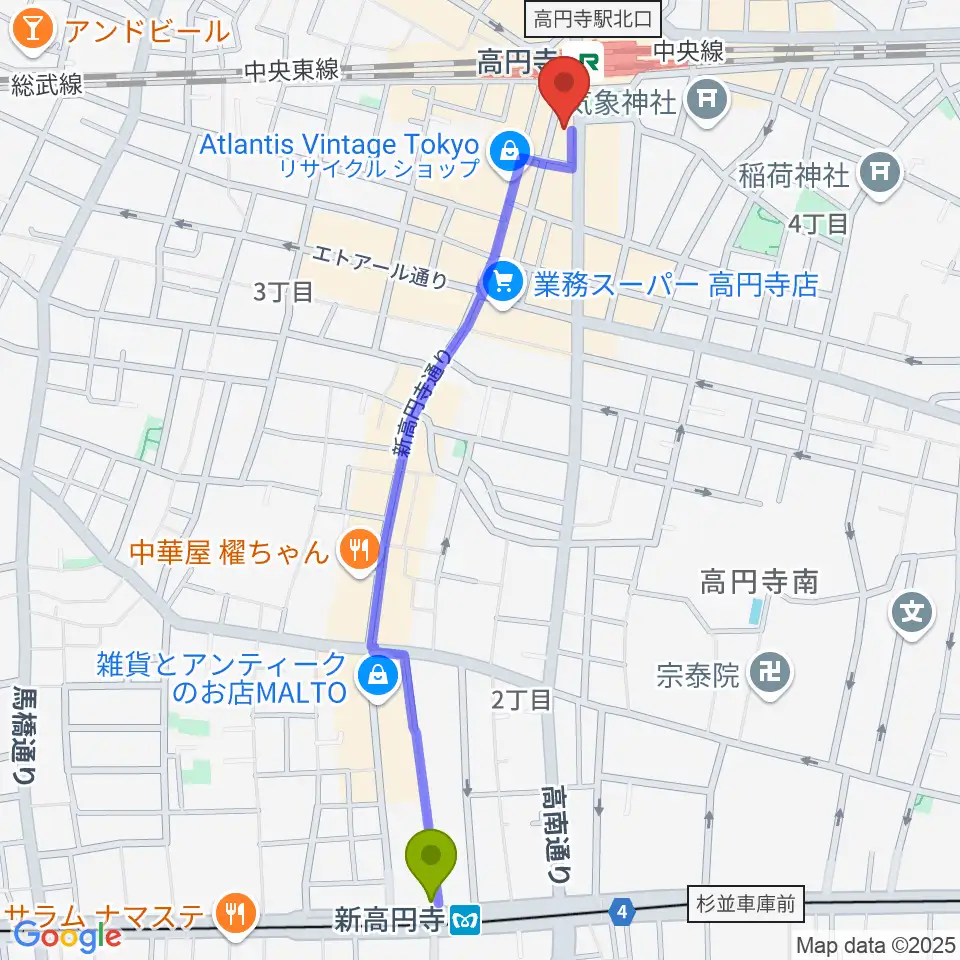 新高円寺駅から高円寺AG22へのルートマップ地図