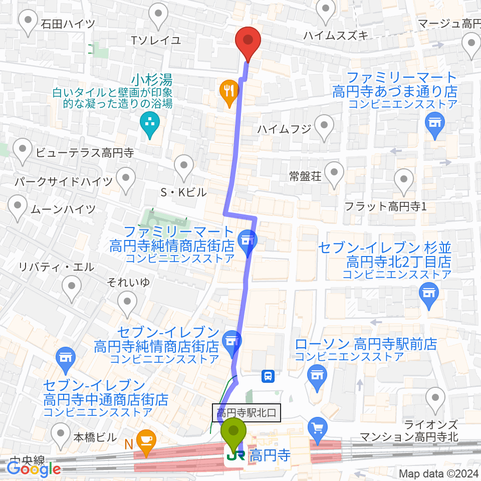 稲生座の最寄駅高円寺駅からの徒歩ルート（約6分）地図