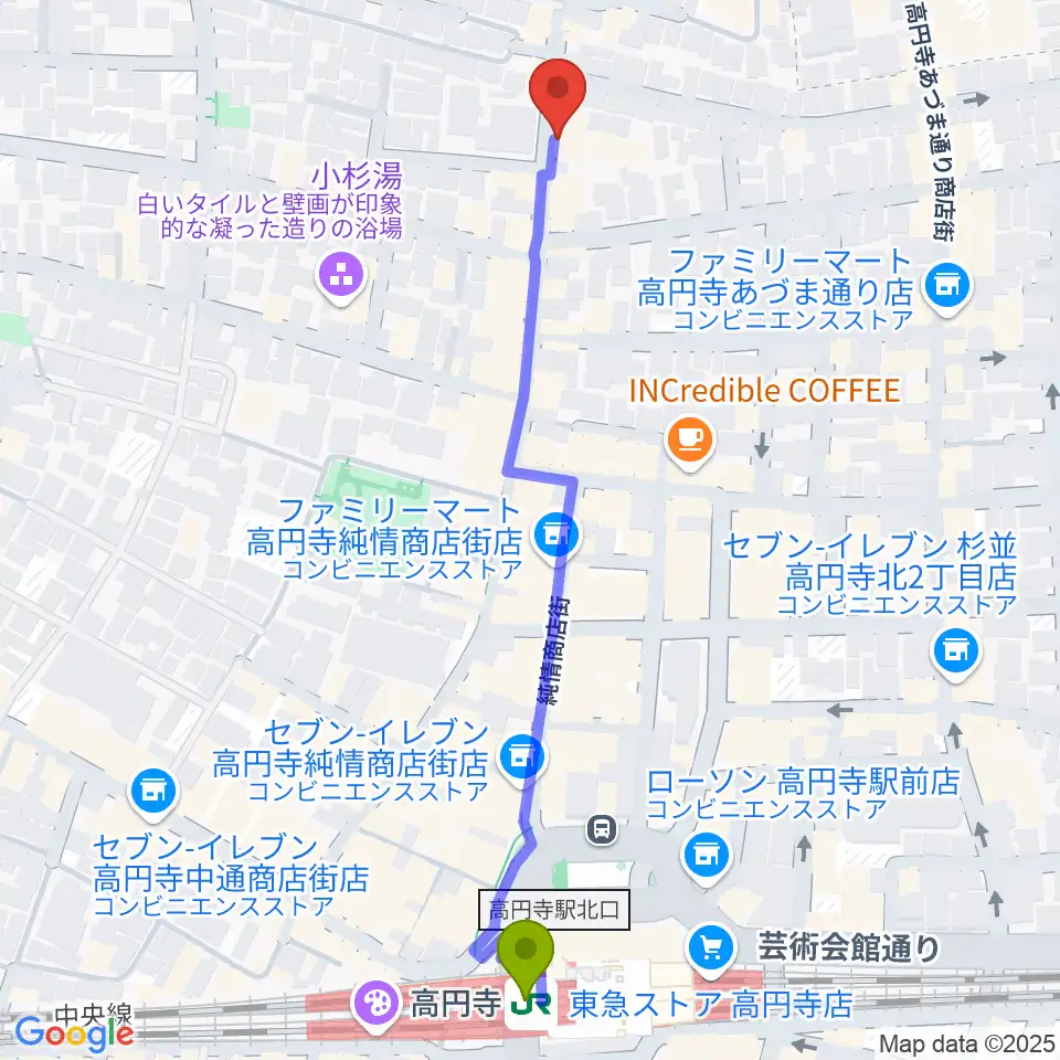 稲生座の最寄駅高円寺駅からの徒歩ルート（約6分）地図