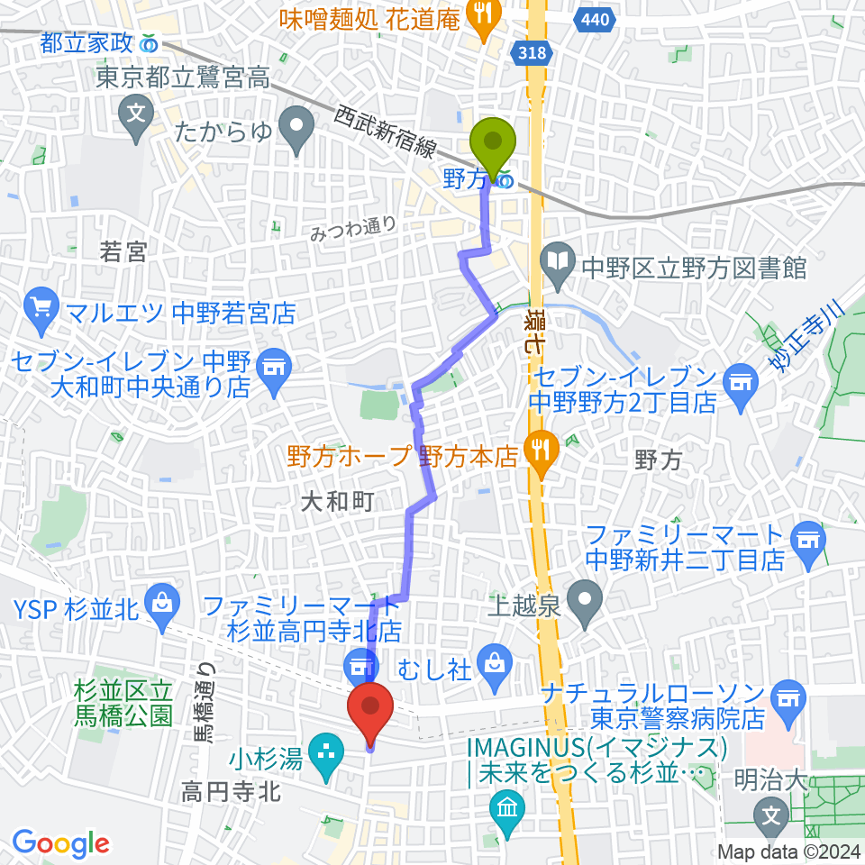 野方駅から稲生座へのルートマップ地図