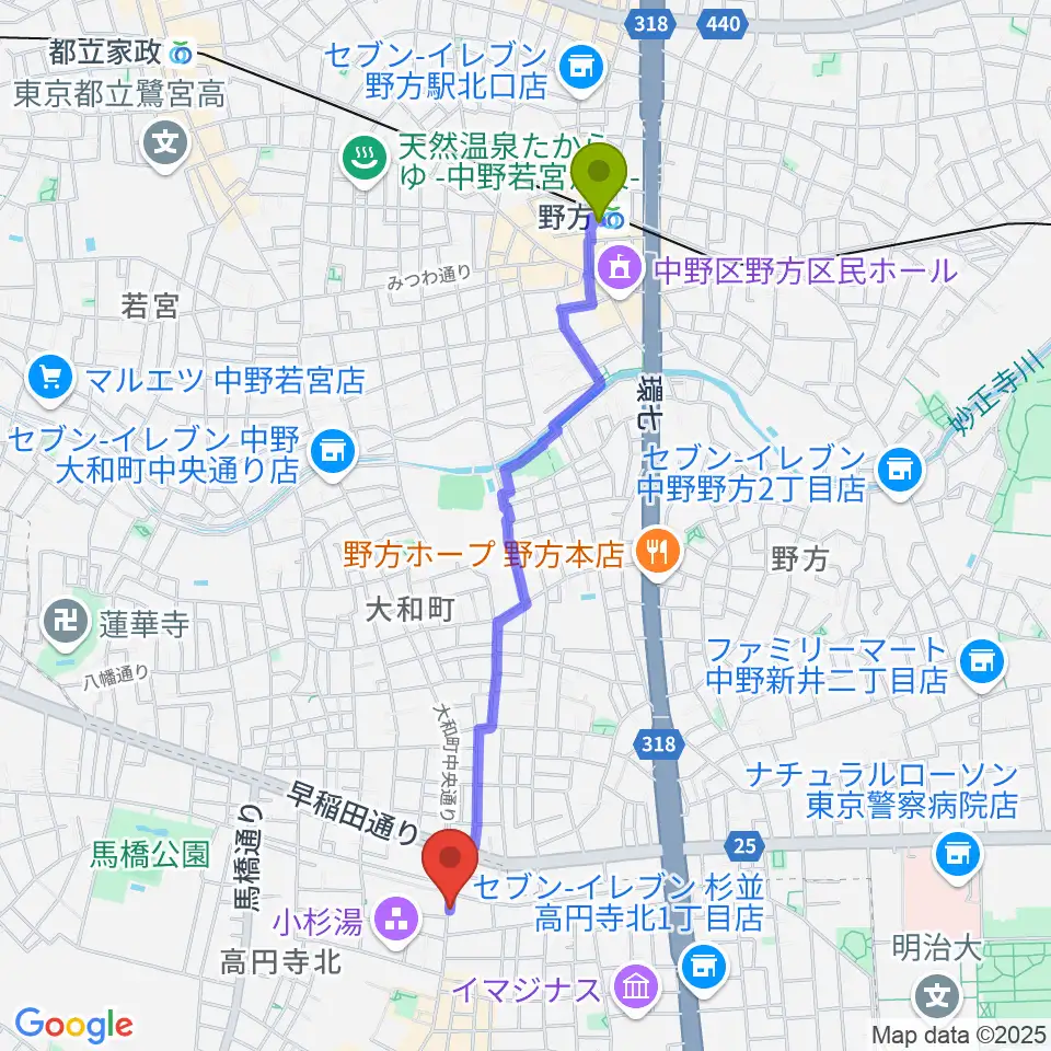 野方駅から稲生座へのルートマップ地図