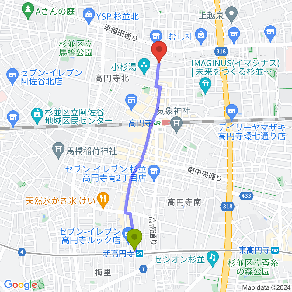新高円寺駅から稲生座へのルートマップ地図