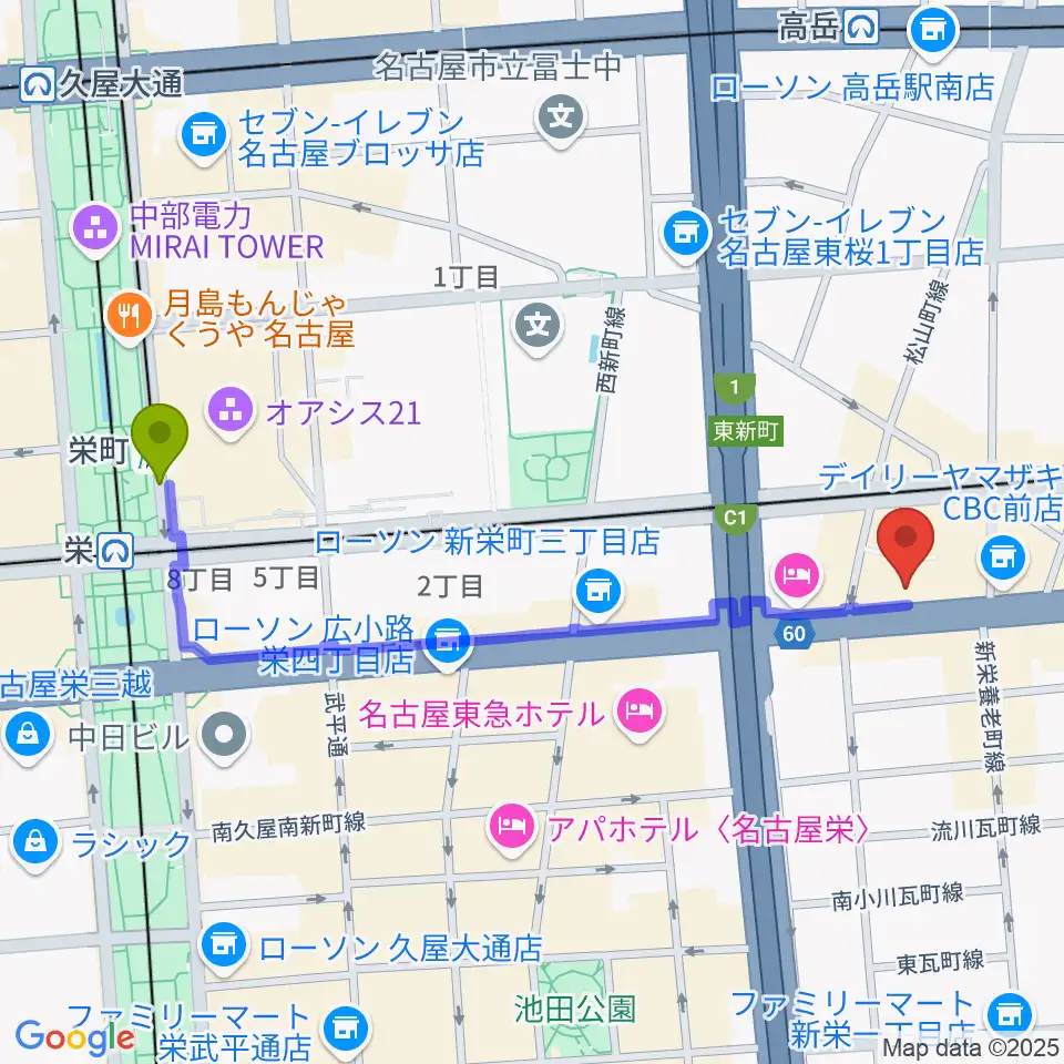 栄町駅から新栄RAD SEVENへのルートマップ地図