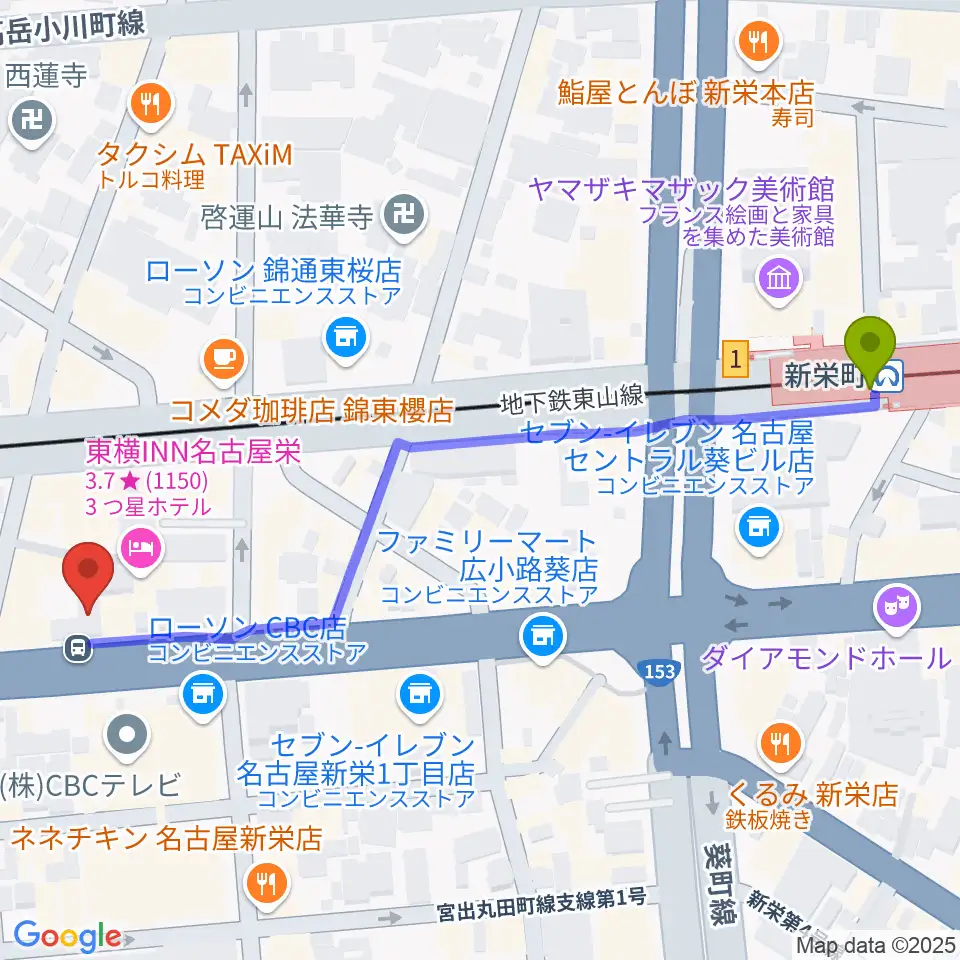 新栄RAD SEVENの最寄駅新栄町駅からの徒歩ルート（約7分）地図