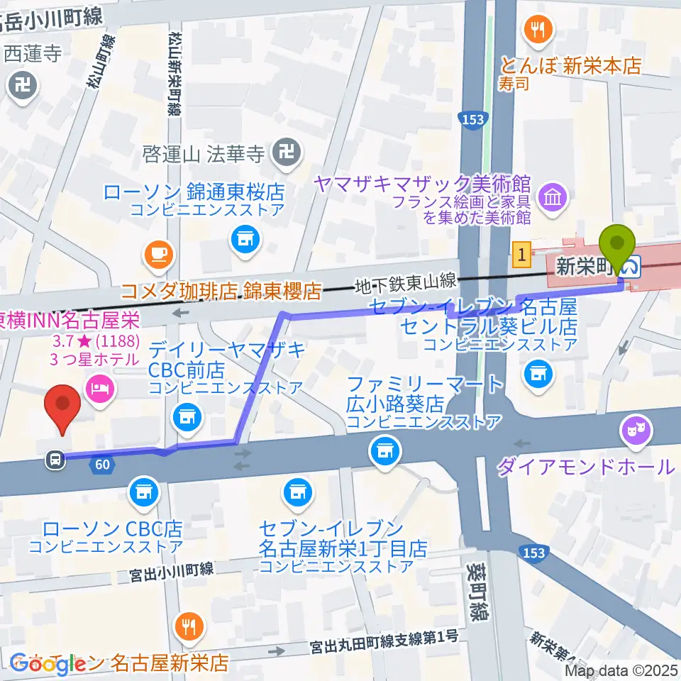 新栄RAD SEVENの最寄駅新栄町駅からの徒歩ルート（約7分）地図