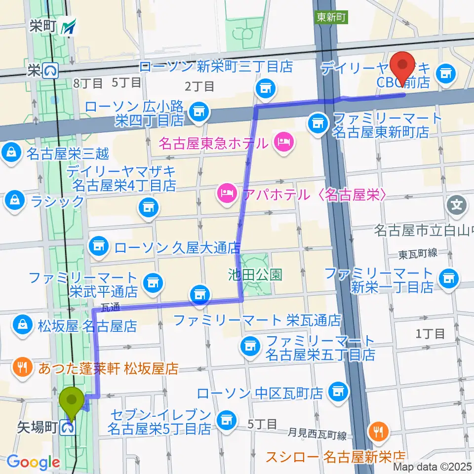 矢場町駅から新栄RAD SEVENへのルートマップ地図
