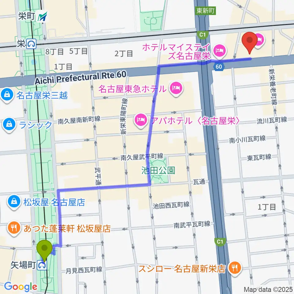 矢場町駅から新栄RAD SEVENへのルートマップ地図