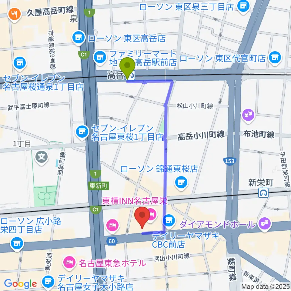 高岳駅から新栄RAD SEVENへのルートマップ地図