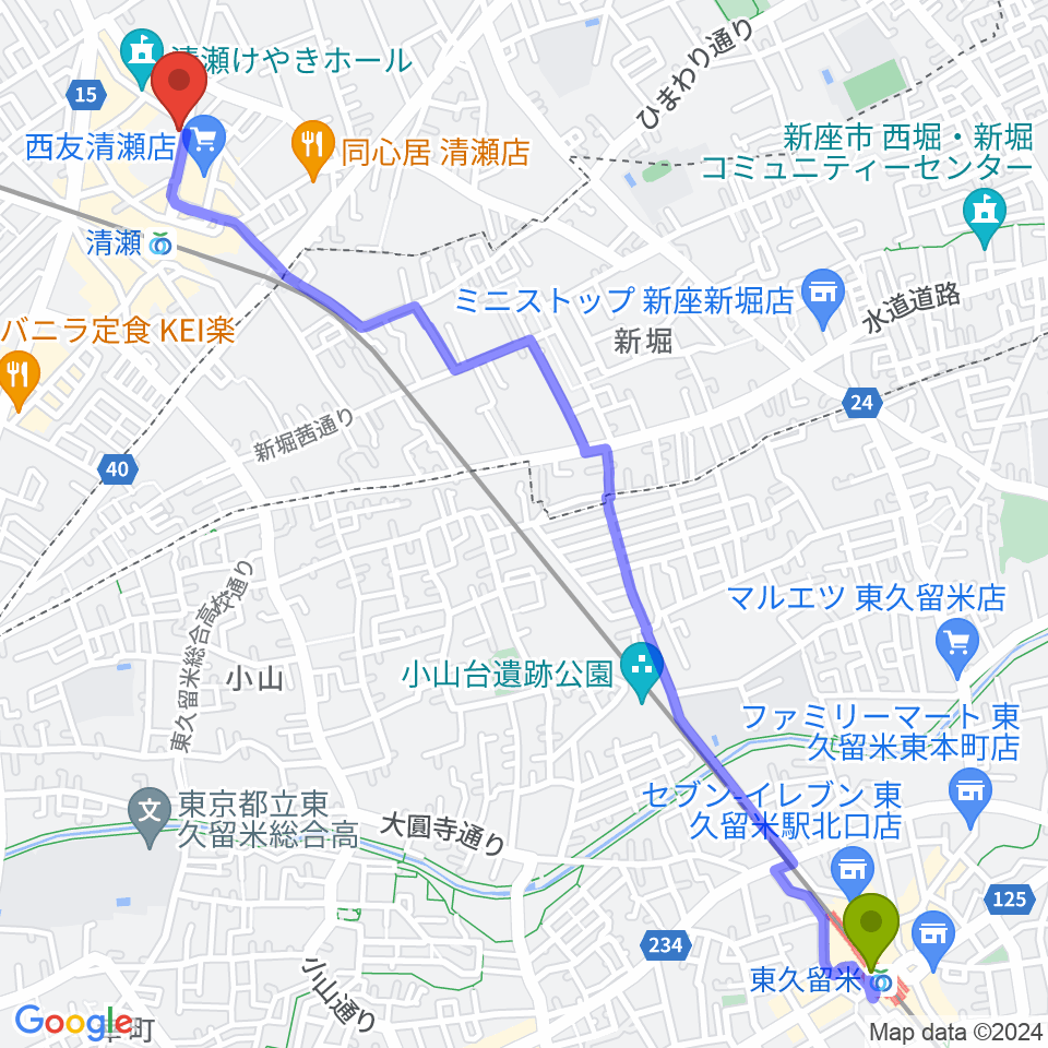 東久留米駅から宮地楽器 清瀬センターへのルートマップ地図
