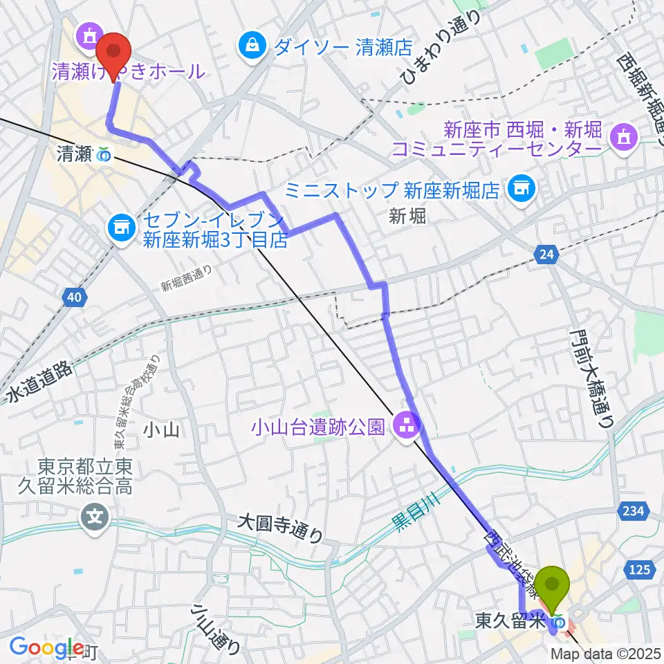 東久留米駅から宮地楽器 清瀬センターへのルートマップ地図