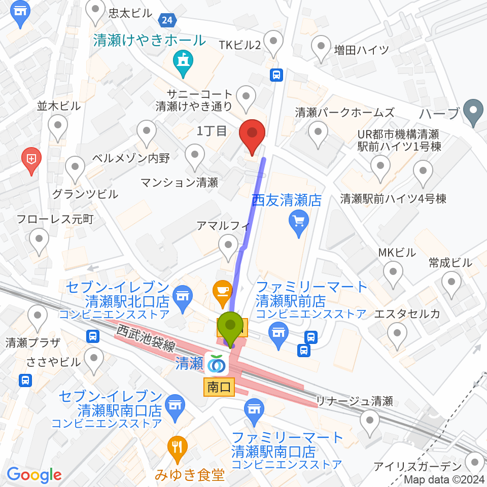 宮地楽器 清瀬センターの最寄駅清瀬駅からの徒歩ルート（約3分）地図
